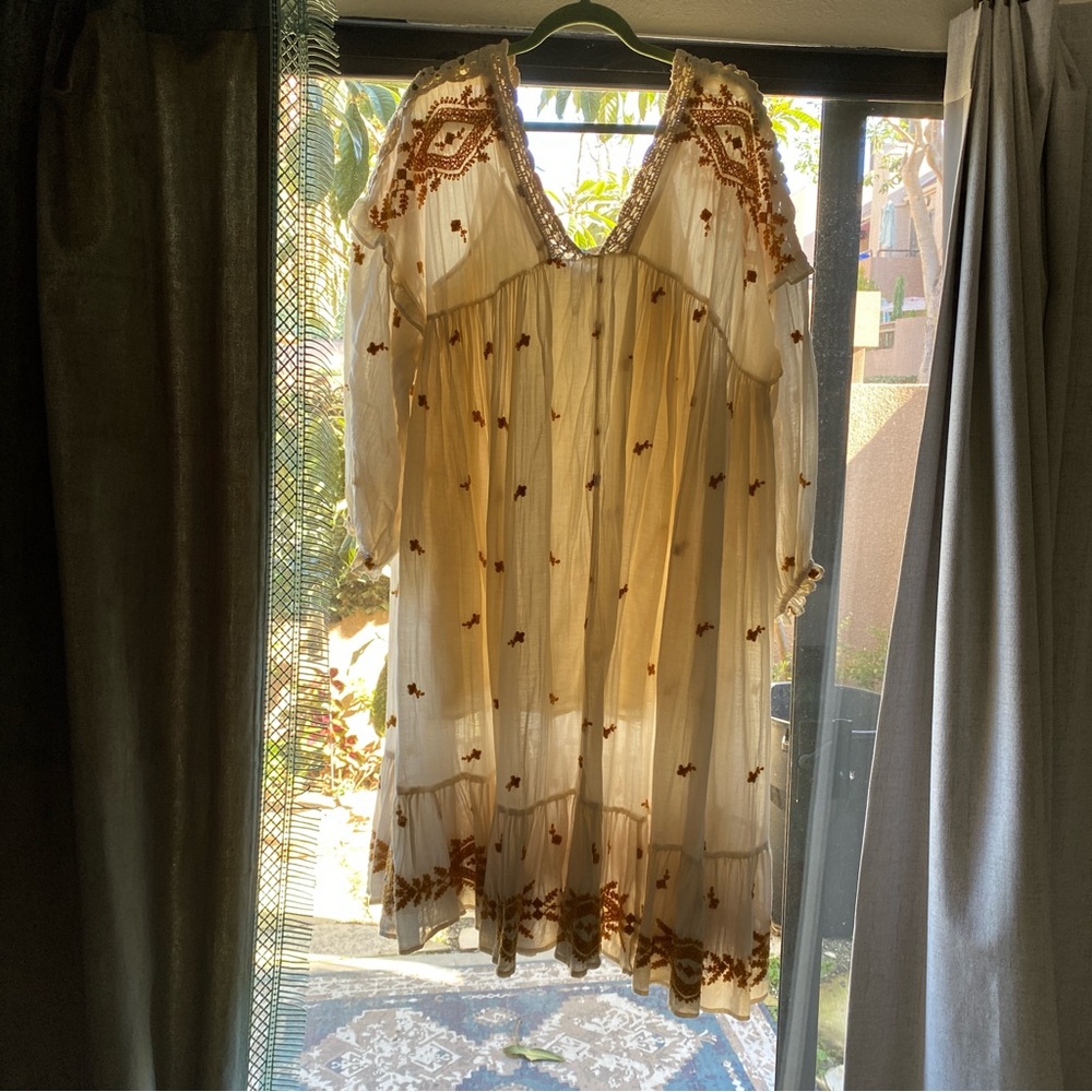 Free people Rare long sleeve midi dress yellow embroidered cotton gauze & slip - Picture 5 of 6